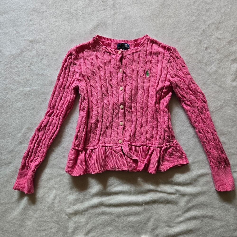 Polo Ralph Lauren Girl's Cable Sweater, 100% Cotton, Peplum, Pink, Medium (8-10)